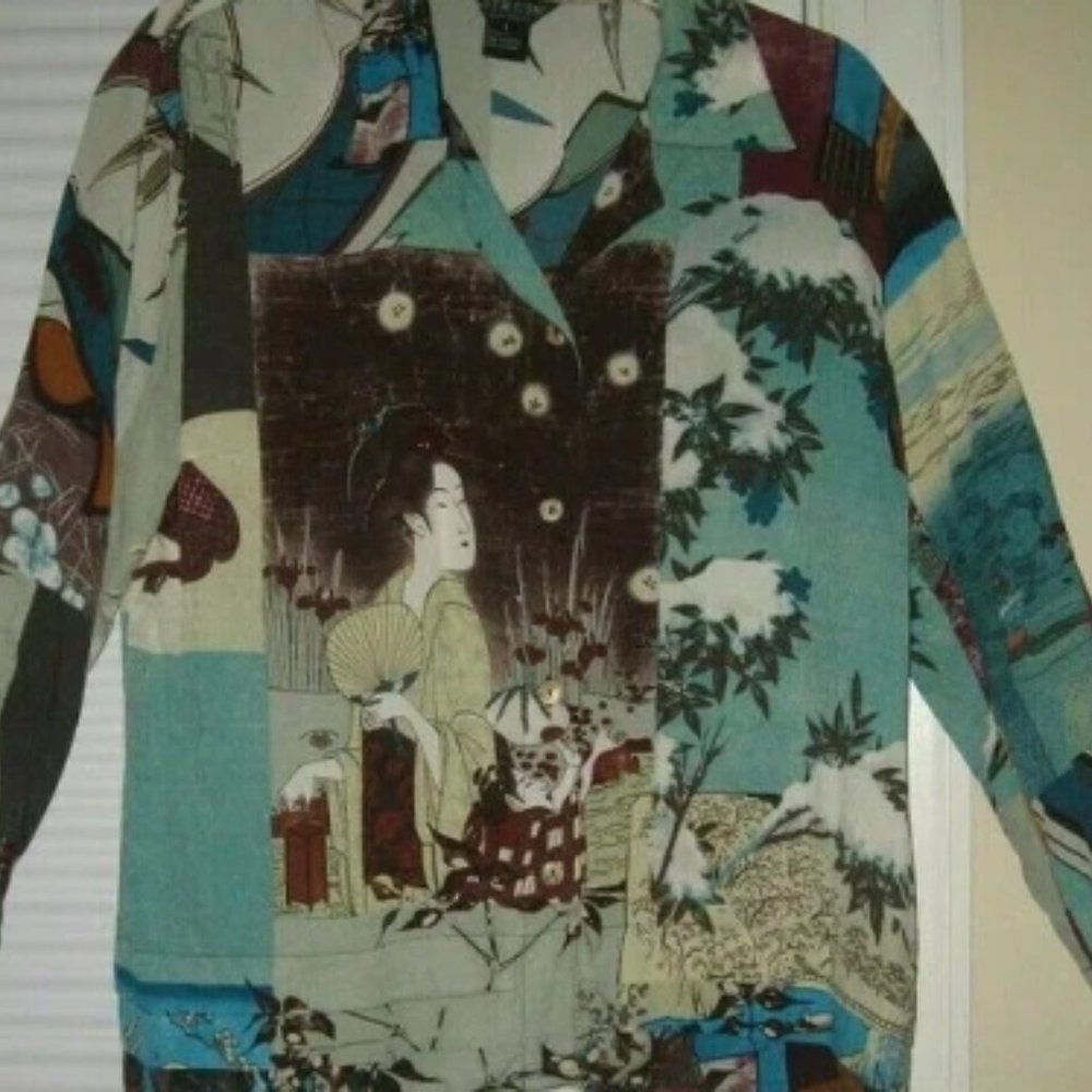 ❤️CITRON Santa Monica Silk Ruffle Geisha Bonzi Swallows Top Jacket Size Large